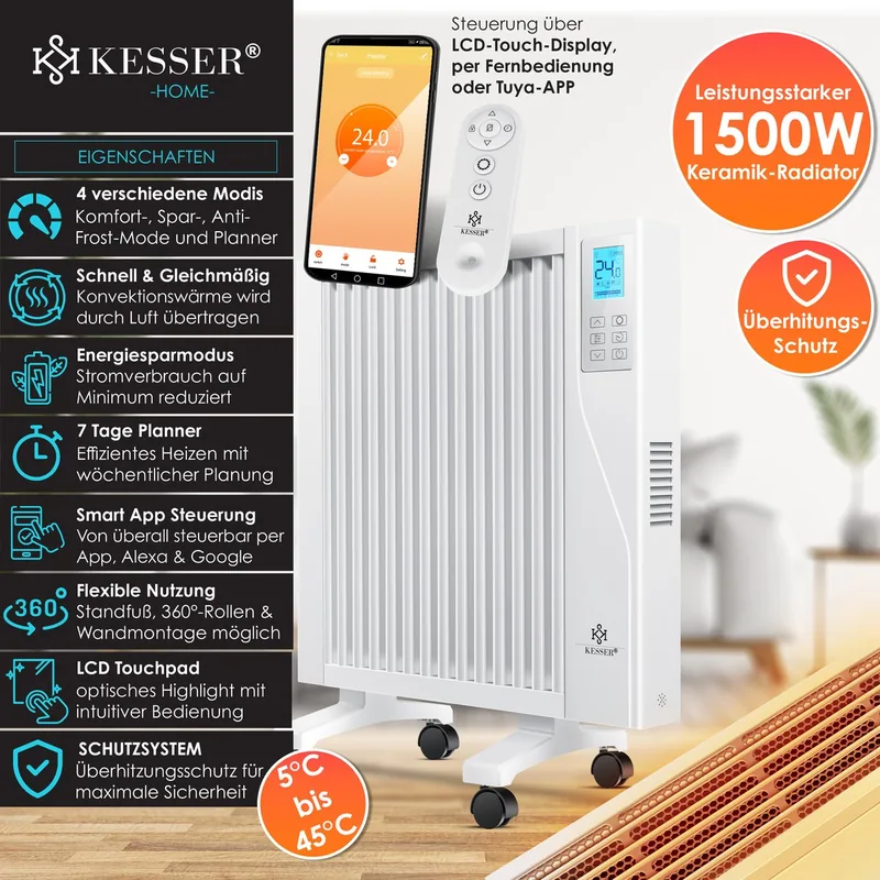 KESSER® Elektrische Kachel Convectorkachel Infrarood Verwarming met WiFi App Control Afstandsbediening