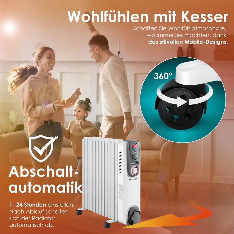 KESSER® Oliegevulde RadiatorElektrische Kachel Olieradiator met Thermostaat en Timer Mobiele Heater Elektrische