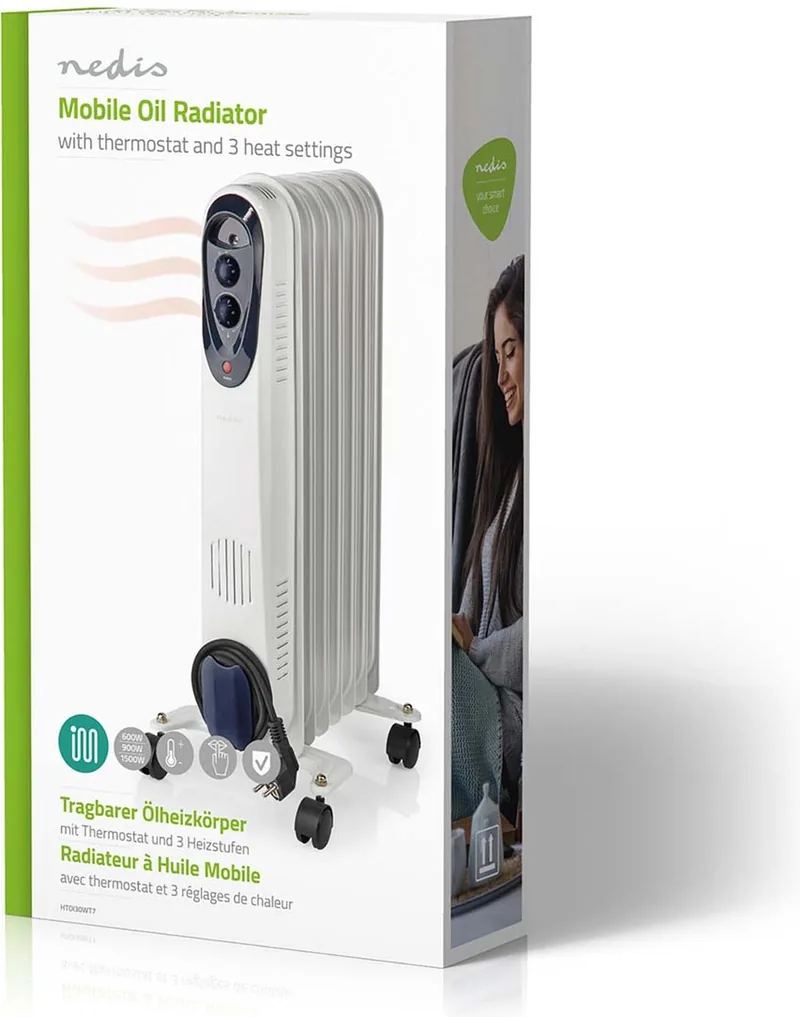 Nedis Mobiele Olieradiator | 600 900 /| 7 Vinnen | Instelbare thermostaat | 3 Warmte Standen | Omvalpreventie